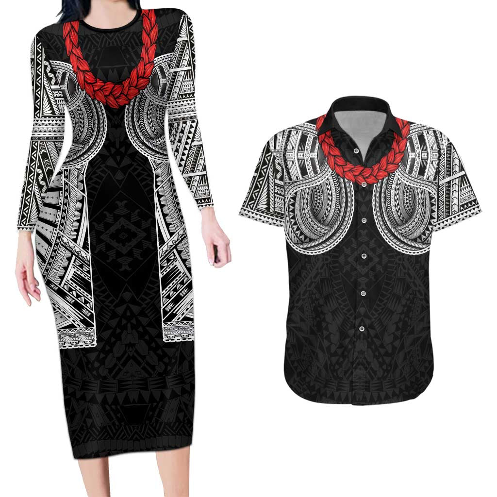 Samoan Traditional Art Tattoos Couples Matching Long Sleeve Bodycon Dress and Hawaiian Shirt Tatau Tribal Motifs with Ula Fala Black LT03 Black - Polynesian Pride
