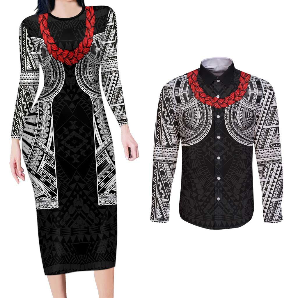 Samoan Traditional Art Tattoos Couples Matching Long Sleeve Bodycon Dress and Long Sleeve Button Shirt Tatau Tribal Motifs with Ula Fala Black LT03 Black - Polynesian Pride