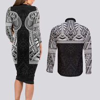 Samoan Traditional Art Tattoos Couples Matching Long Sleeve Bodycon Dress and Long Sleeve Button Shirt Tatau Tribal Motifs with Ula Fala Black LT03 - Polynesian Pride