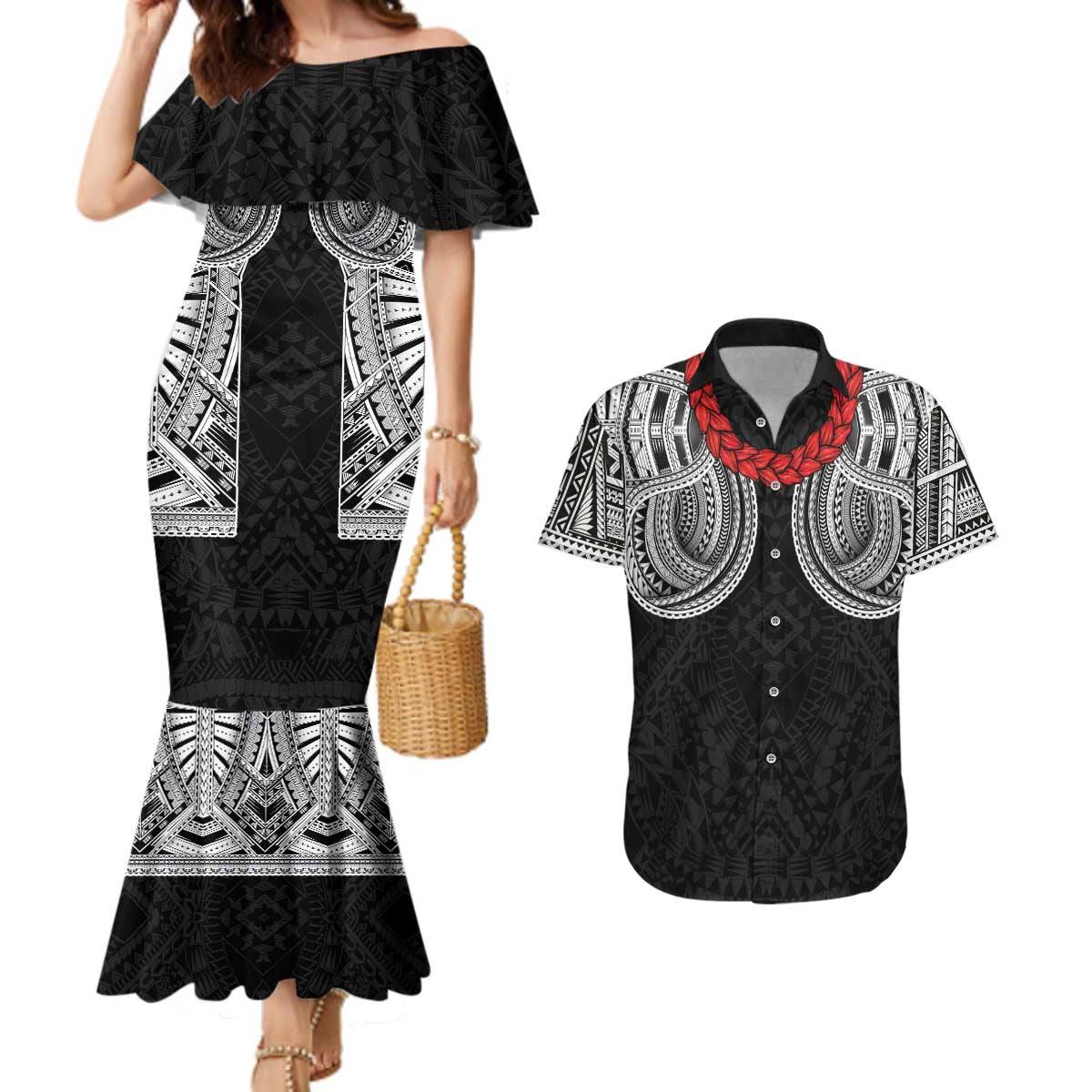 Samoan Traditional Art Tattoos Couples Matching Mermaid Dress and Hawaiian Shirt Tatau Tribal Motifs with Ula Fala Black LT03 Black - Polynesian Pride