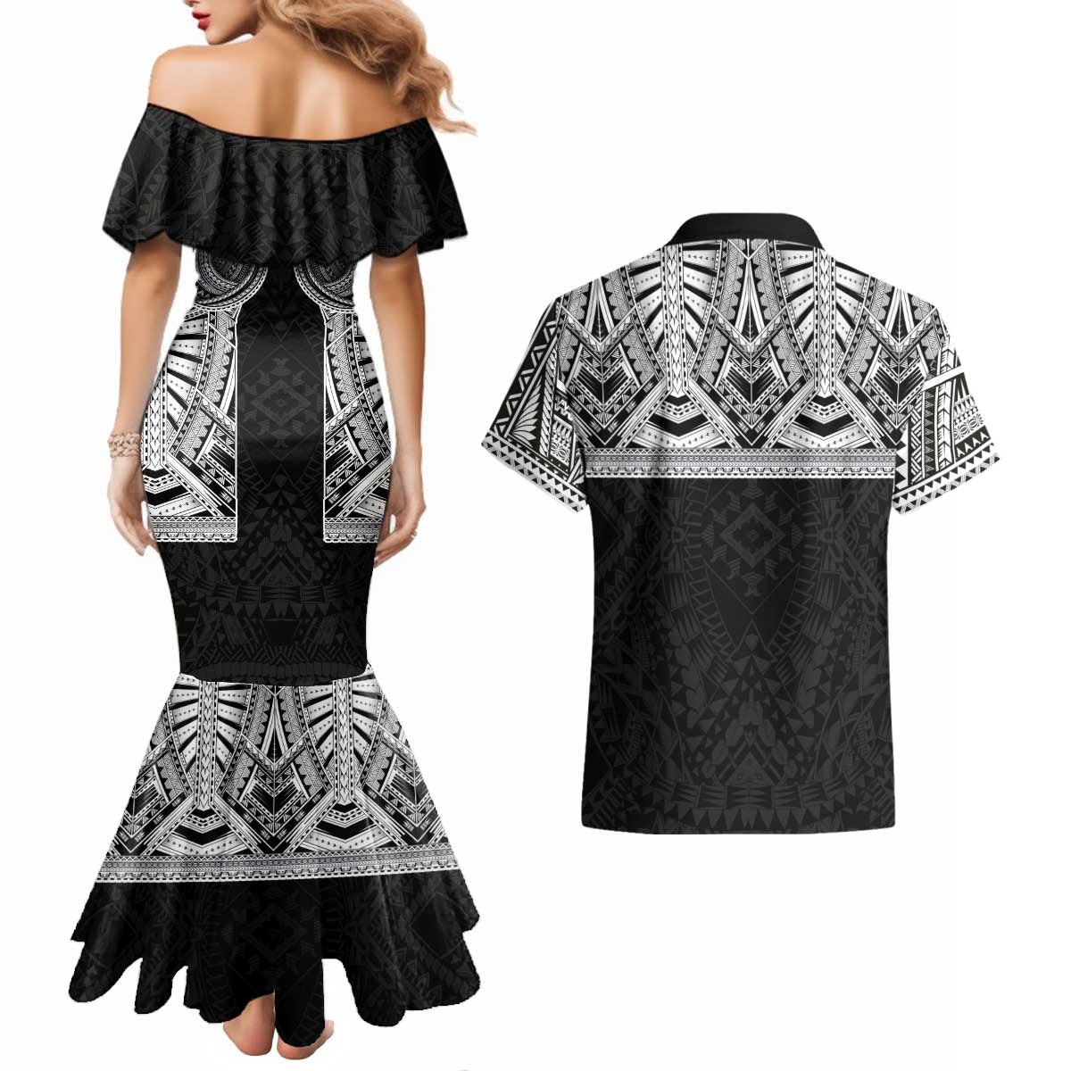 Samoan Traditional Art Tattoos Couples Matching Mermaid Dress and Hawaiian Shirt Tatau Tribal Motifs with Ula Fala Black LT03 - Polynesian Pride