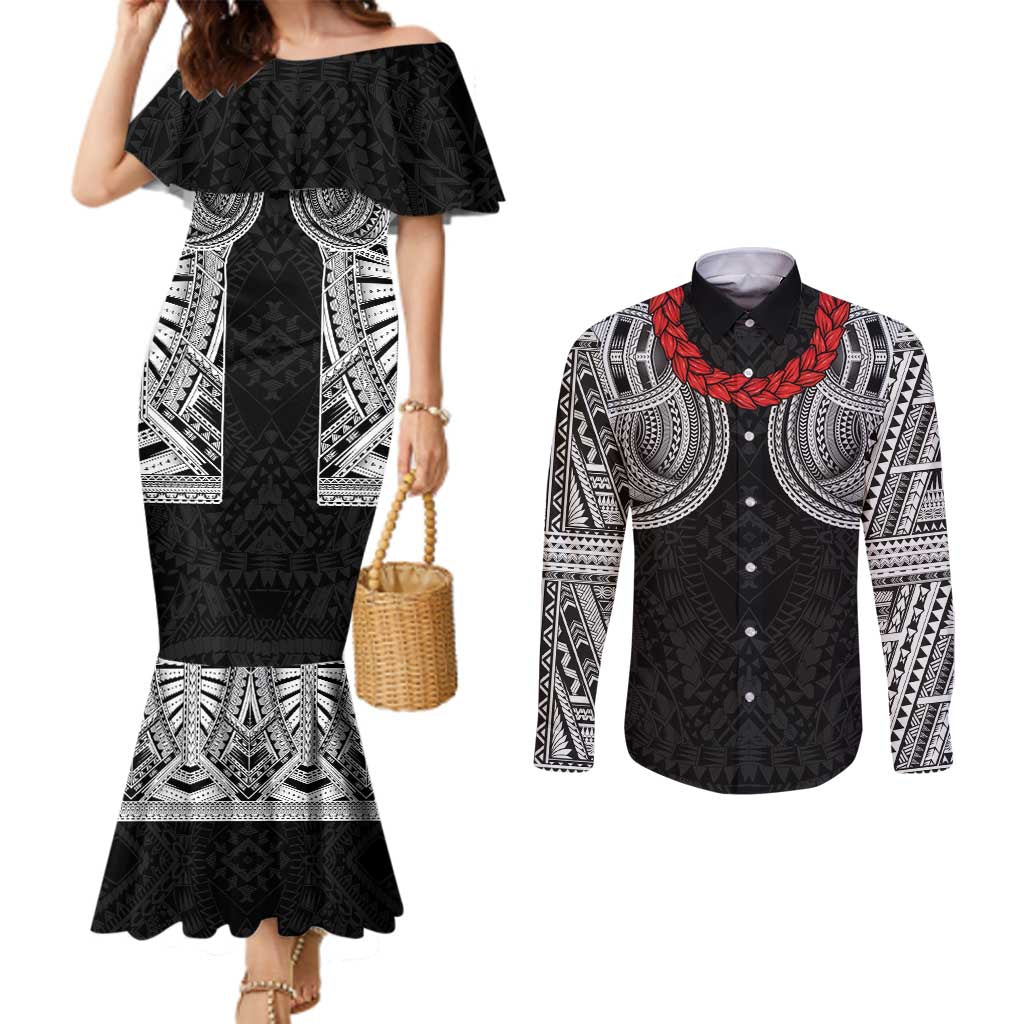 Samoan Traditional Art Tattoos Couples Matching Mermaid Dress and Long Sleeve Button Shirt Tatau Tribal Motifs with Ula Fala Black LT03 Black - Polynesian Pride