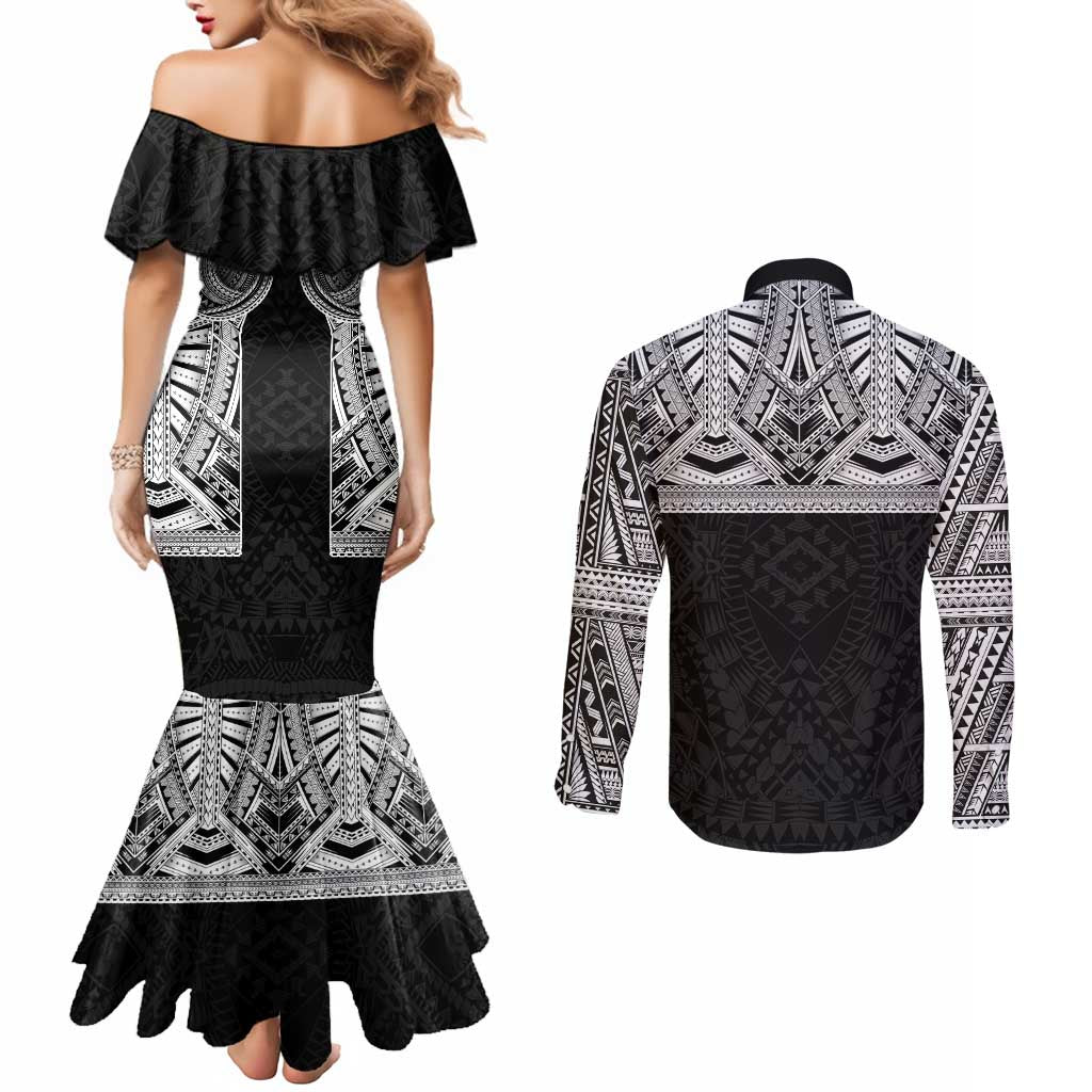 Samoan Traditional Art Tattoos Couples Matching Mermaid Dress and Long Sleeve Button Shirt Tatau Tribal Motifs with Ula Fala Black LT03 - Polynesian Pride