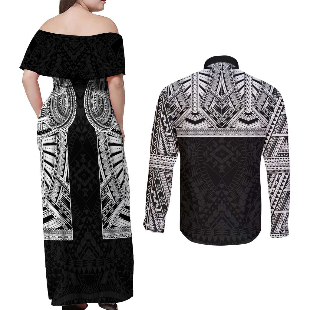 Samoan Traditional Art Tattoos Couples Matching Off Shoulder Maxi Dress and Long Sleeve Button Shirt Tatau Tribal Motifs with Ula Fala Black LT03 - Polynesian Pride