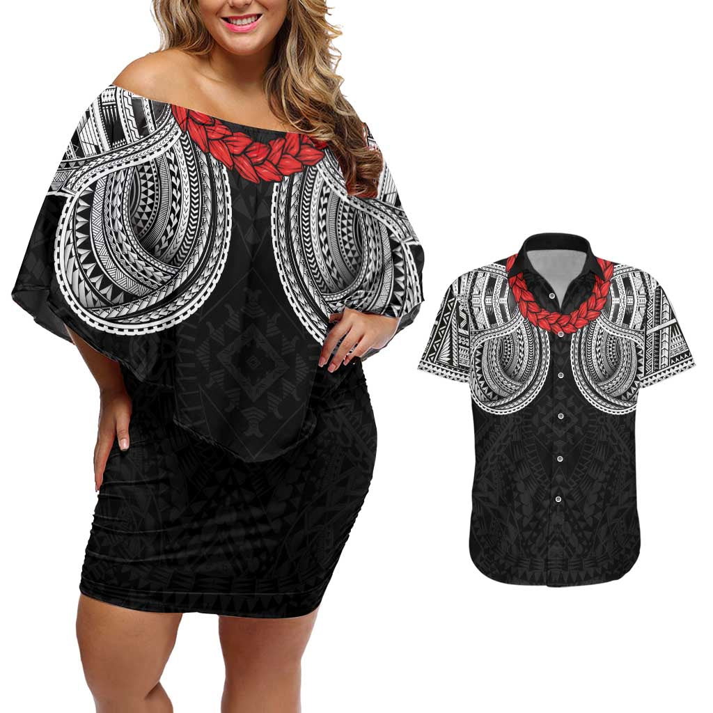 Samoan Traditional Art Tattoos Couples Matching Off Shoulder Short Dress and Hawaiian Shirt Tatau Tribal Motifs with Ula Fala Black - Polynesian Pride