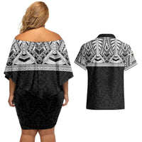 Samoan Traditional Art Tattoos Couples Matching Off Shoulder Short Dress and Hawaiian Shirt Tatau Tribal Motifs with Ula Fala Black LT03 - Polynesian Pride