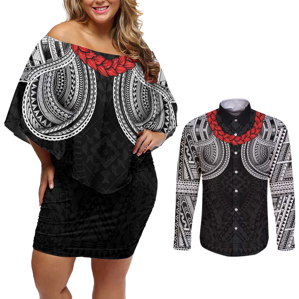 Samoan Traditional Art Tattoos Couples Matching Off Shoulder Short Dress and Long Sleeve Button Shirt Tatau Tribal Motifs with Ula Fala Black LT03 Black - Polynesian Pride