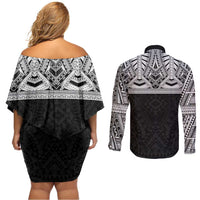 Samoan Traditional Art Tattoos Couples Matching Off Shoulder Short Dress and Long Sleeve Button Shirt Tatau Tribal Motifs with Ula Fala Black LT03 - Polynesian Pride