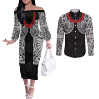 Samoan Traditional Art Tattoos Couples Matching Off The Shoulder Long Sleeve Dress and Long Sleeve Button Shirt Tatau Tribal Motifs with Ula Fala Black LT03 Black - Polynesian Pride