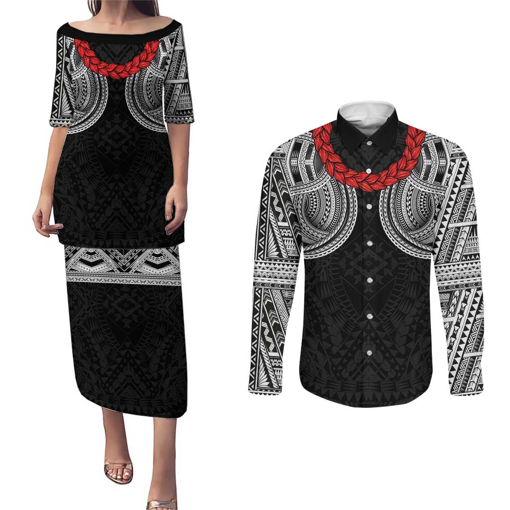 Samoan Traditional Art Tattoos Couples Matching Puletasi and Long Sleeve Button Shirt Tatau Tribal Motifs with Ula Fala Black - Polynesian Pride