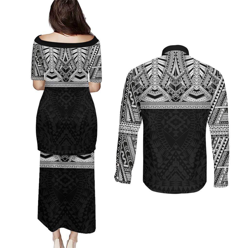 Samoan Traditional Art Tattoos Couples Matching Puletasi and Long Sleeve Button Shirt Tatau Tribal Motifs with Ula Fala Black LT03 - Polynesian Pride