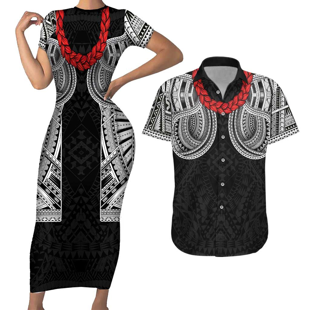 Samoan Traditional Art Tattoos Couples Matching Short Sleeve Bodycon Dress and Hawaiian Shirt Tatau Tribal Motifs with Ula Fala Black - Polynesian Pride