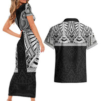 Samoan Traditional Art Tattoos Couples Matching Short Sleeve Bodycon Dress and Hawaiian Shirt Tatau Tribal Motifs with Ula Fala Black LT03 - Polynesian Pride