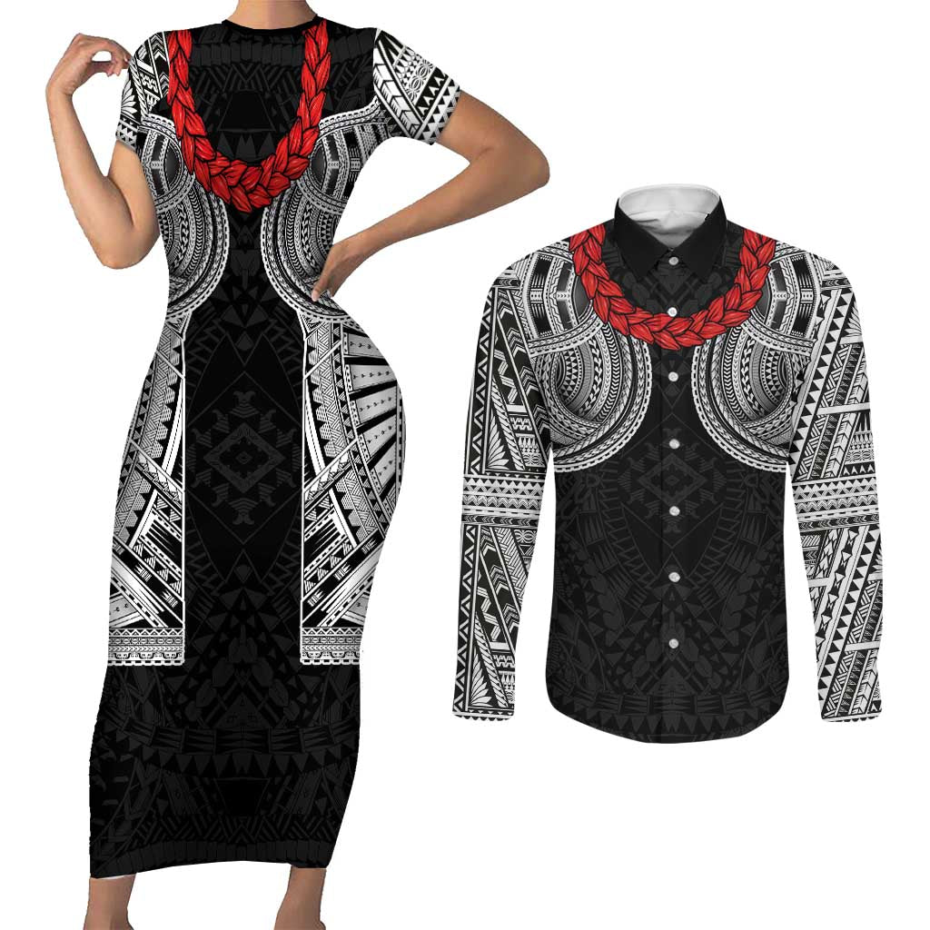 Samoan Traditional Art Tattoos Couples Matching Short Sleeve Bodycon Dress and Long Sleeve Button Shirt Tatau Tribal Motifs with Ula Fala Black - Polynesian Pride