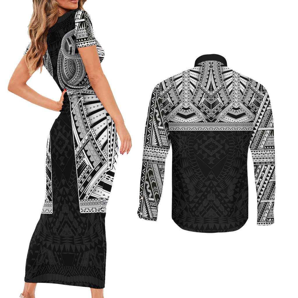 Samoan Traditional Art Tattoos Couples Matching Short Sleeve Bodycon Dress and Long Sleeve Button Shirt Tatau Tribal Motifs with Ula Fala Black LT03 - Polynesian Pride