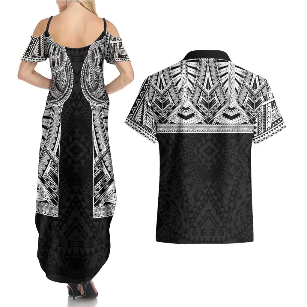Samoan Traditional Art Tattoos Couples Matching Summer Maxi Dress and Hawaiian Shirt Tatau Tribal Motifs with Ula Fala Black LT03 - Polynesian Pride