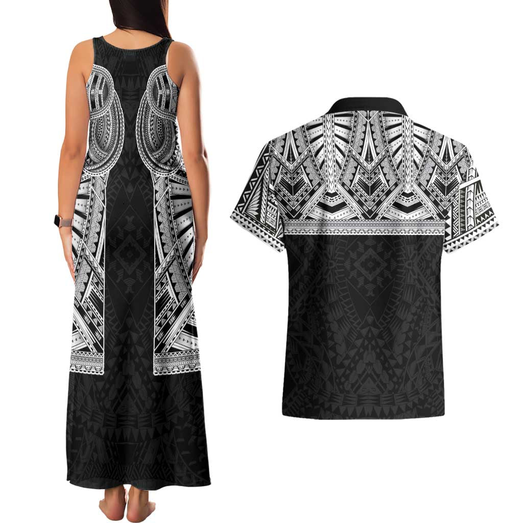 Samoan Traditional Art Tattoos Couples Matching Tank Maxi Dress and Hawaiian Shirt Tatau Tribal Motifs with Ula Fala Black LT03 - Polynesian Pride