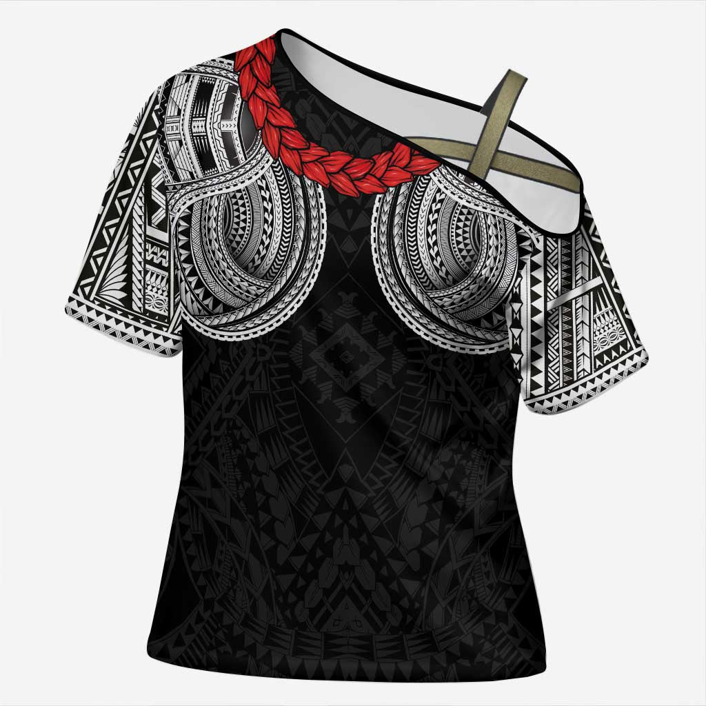 Samoan Traditional Art Tattoos Cross Shoulder Shirt Tatau Tribal Motifs with Ula Fala Black LT03 Female Black - Polynesian Pride