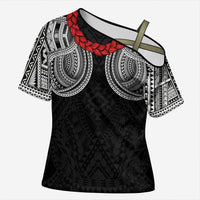 Samoan Traditional Art Tattoos Cross Shoulder Shirt Tatau Tribal Motifs with Ula Fala Black LT03 Female Black - Polynesian Pride