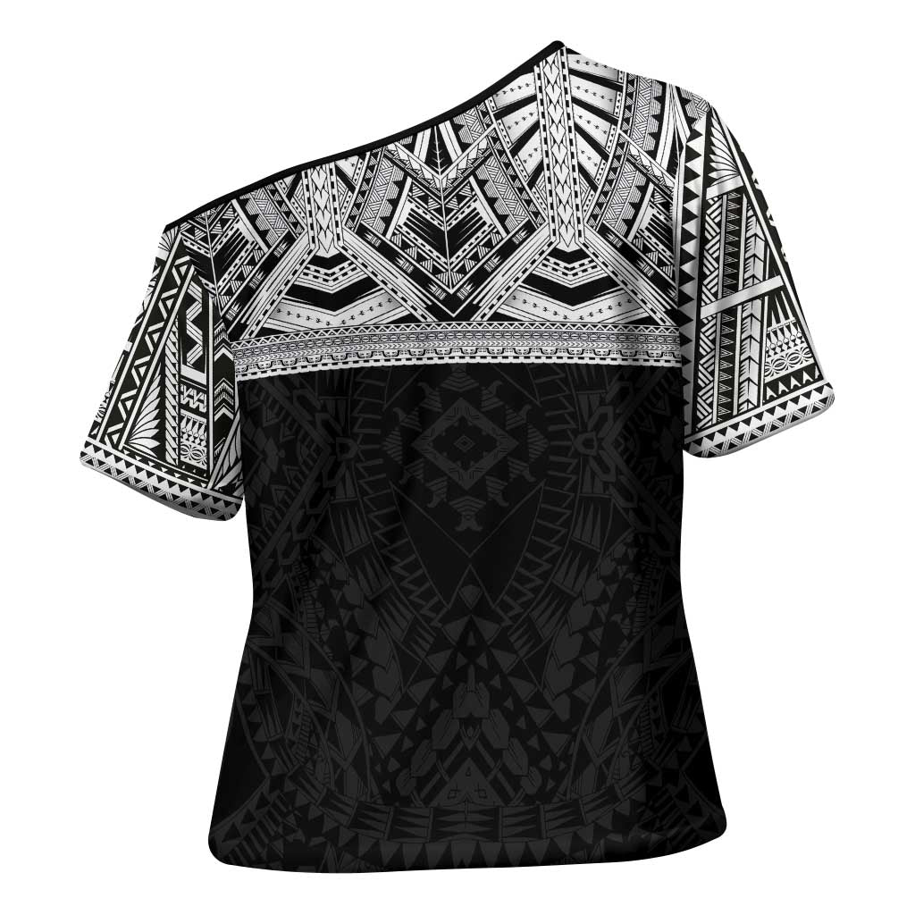 Samoan Traditional Art Tattoos Cross Shoulder Shirt Tatau Tribal Motifs with Ula Fala Black LT03 - Polynesian Pride