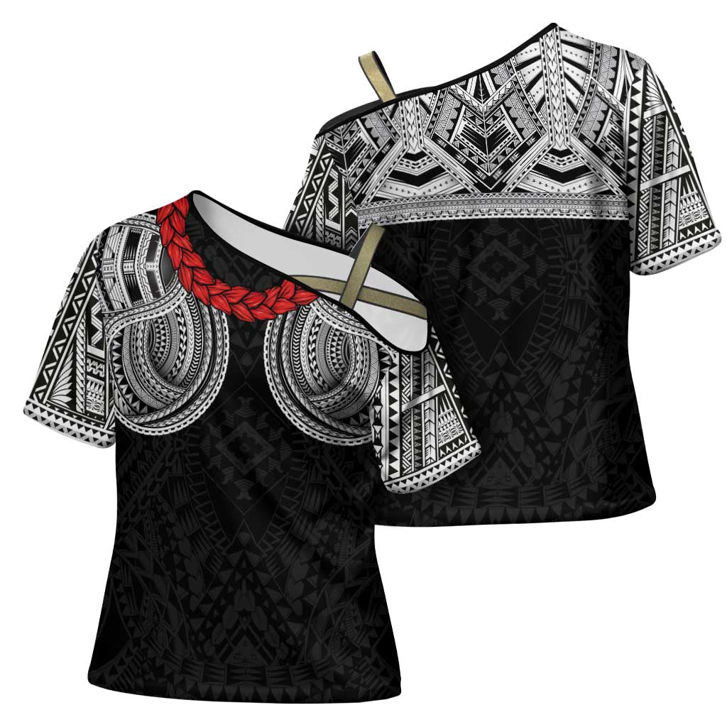 Samoan Traditional Art Tattoos Cross Shoulder Shirt Tatau Tribal Motifs with Ula Fala Black LT03 - Polynesian Pride