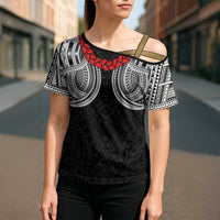 Samoan Traditional Art Tattoos Cross Shoulder Shirt Tatau Tribal Motifs with Ula Fala Black LT03 - Polynesian Pride