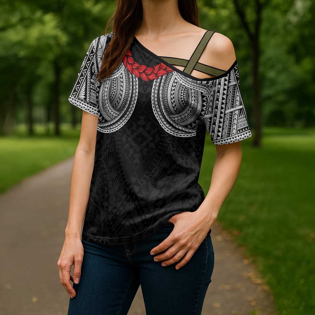 Samoan Traditional Art Tattoos Cross Shoulder Shirt Tatau Tribal Motifs with Ula Fala Black LT03 - Polynesian Pride