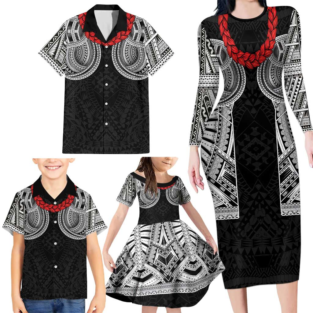 Samoan Traditional Art Tattoos Family Matching Long Sleeve Bodycon Dress and Hawaiian Shirt Tatau Tribal Motifs with Ula Fala Black LT03 - Polynesian Pride