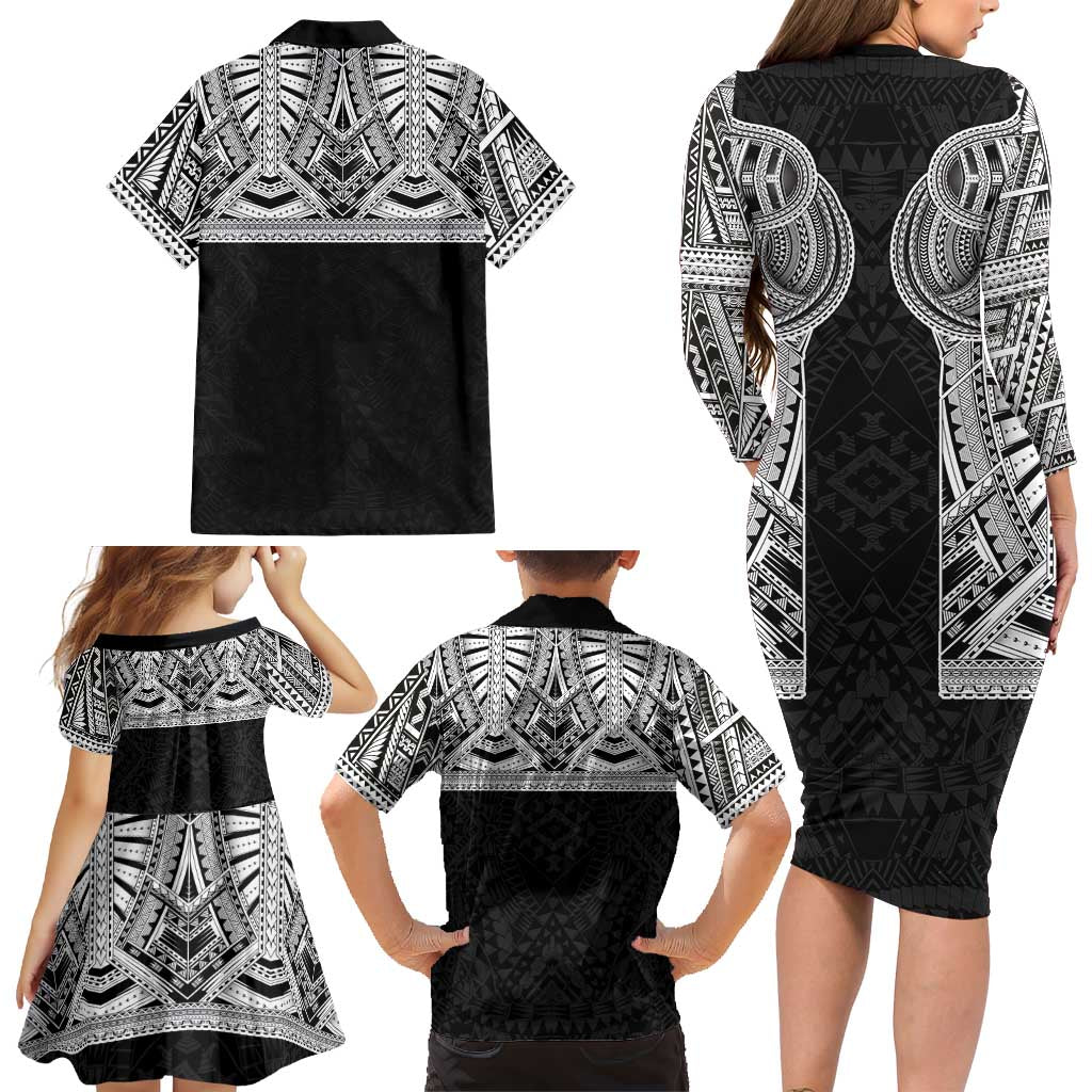 Samoan Traditional Art Tattoos Family Matching Long Sleeve Bodycon Dress and Hawaiian Shirt Tatau Tribal Motifs with Ula Fala Black LT03 - Polynesian Pride