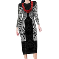 Samoan Traditional Art Tattoos Family Matching Long Sleeve Bodycon Dress and Hawaiian Shirt Tatau Tribal Motifs with Ula Fala Black LT03 Mom's Dress Black - Polynesian Pride