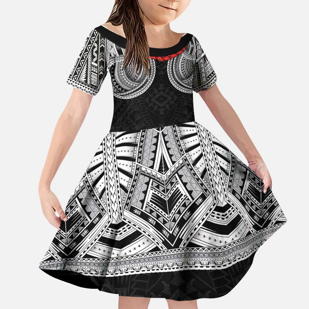 Samoan Traditional Art Tattoos Family Matching Mermaid Dress and Hawaiian Shirt Tatau Tribal Motifs with Ula Fala Black LT03 Daughter's Dress Black - Polynesian Pride
