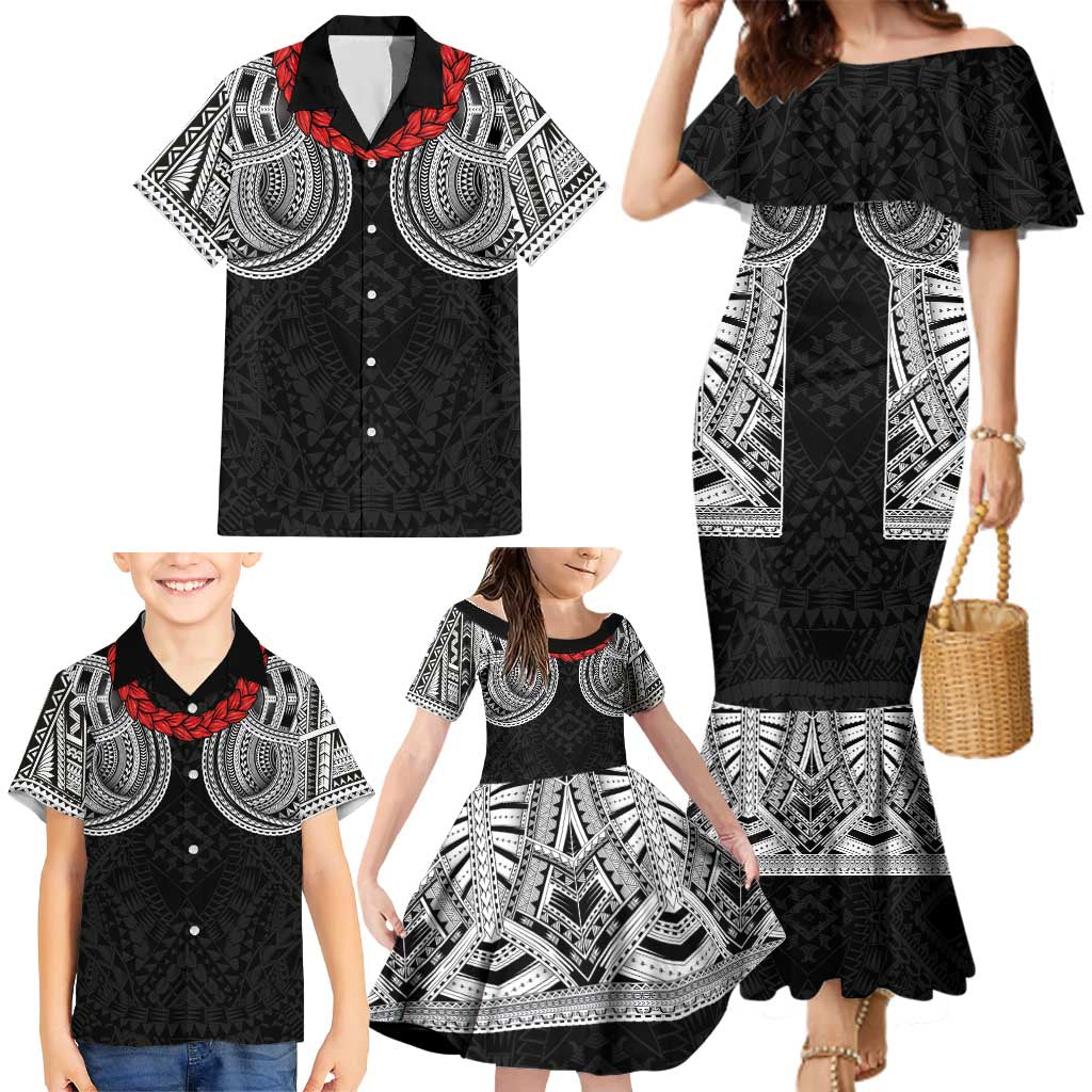 Samoan Traditional Art Tattoos Family Matching Mermaid Dress and Hawaiian Shirt Tatau Tribal Motifs with Ula Fala Black LT03 - Polynesian Pride