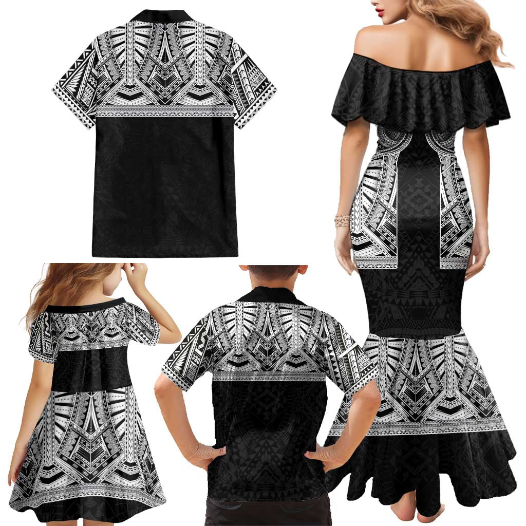 Samoan Traditional Art Tattoos Family Matching Mermaid Dress and Hawaiian Shirt Tatau Tribal Motifs with Ula Fala Black LT03 - Polynesian Pride