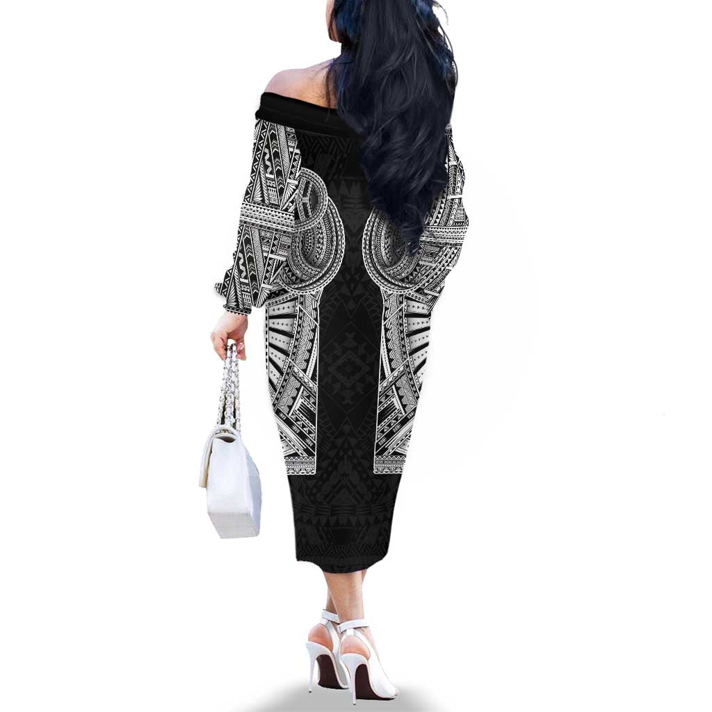 Samoan Traditional Art Tattoos Family Matching Off The Shoulder Long Sleeve Dress and Hawaiian Shirt Tatau Tribal Motifs with Ula Fala Black LT03 - Polynesian Pride