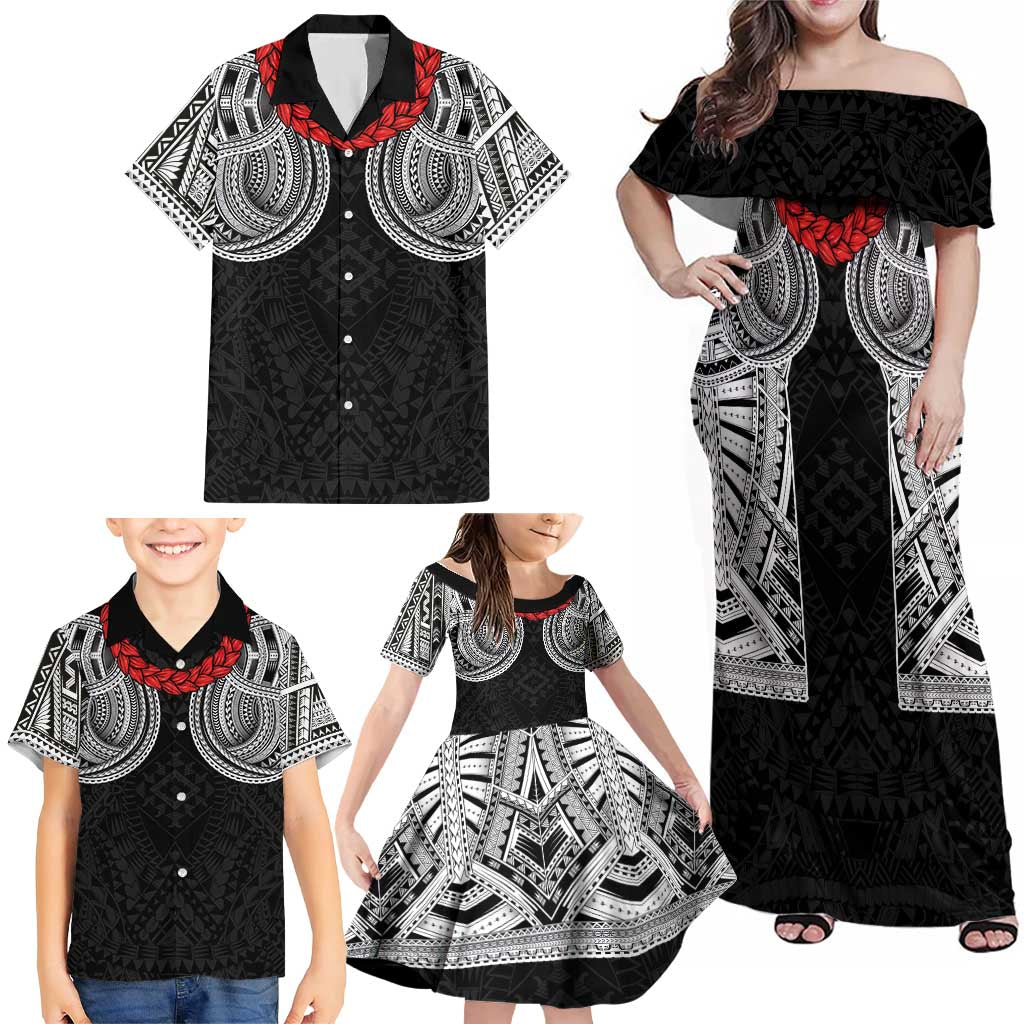 Samoan Traditional Art Tattoos Family Matching Off Shoulder Maxi Dress and Hawaiian Shirt Tatau Tribal Motifs with Ula Fala Black - Polynesian Pride