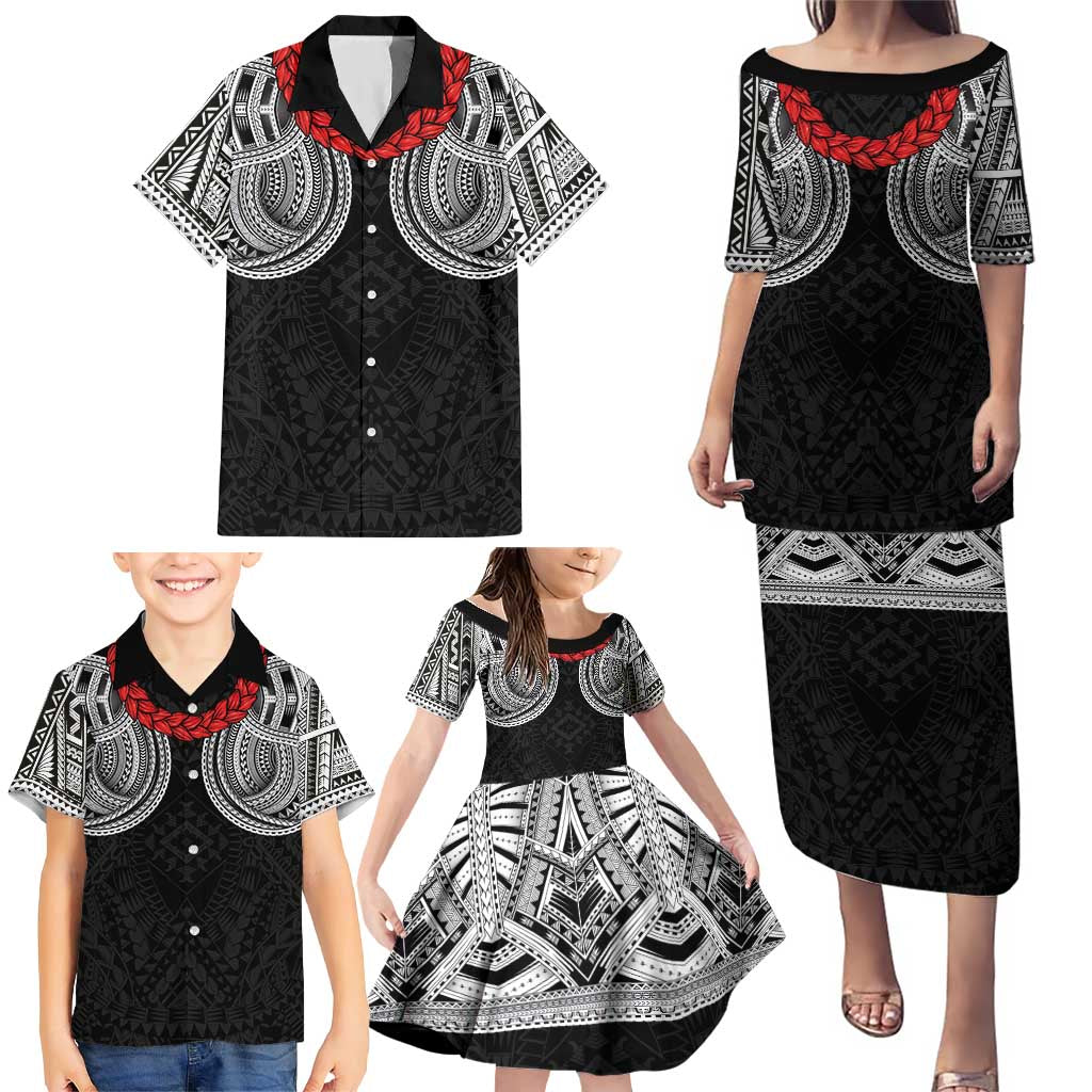 Samoan Traditional Art Tattoos Family Matching Puletasi and Hawaiian Shirt Tatau Tribal Motifs with Ula Fala Black - Polynesian Pride