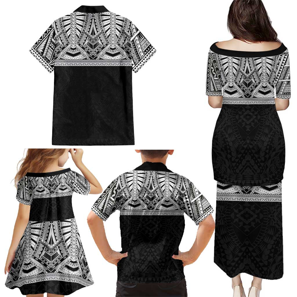 Samoan Traditional Art Tattoos Family Matching Puletasi and Hawaiian Shirt Tatau Tribal Motifs with Ula Fala Black LT03 - Polynesian Pride