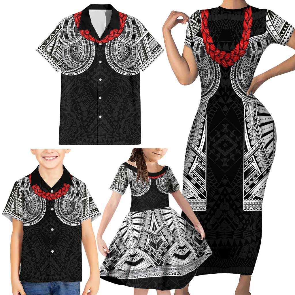 Samoan Traditional Art Tattoos Family Matching Short Sleeve Bodycon Dress and Hawaiian Shirt Tatau Tribal Motifs with Ula Fala Black - Polynesian Pride