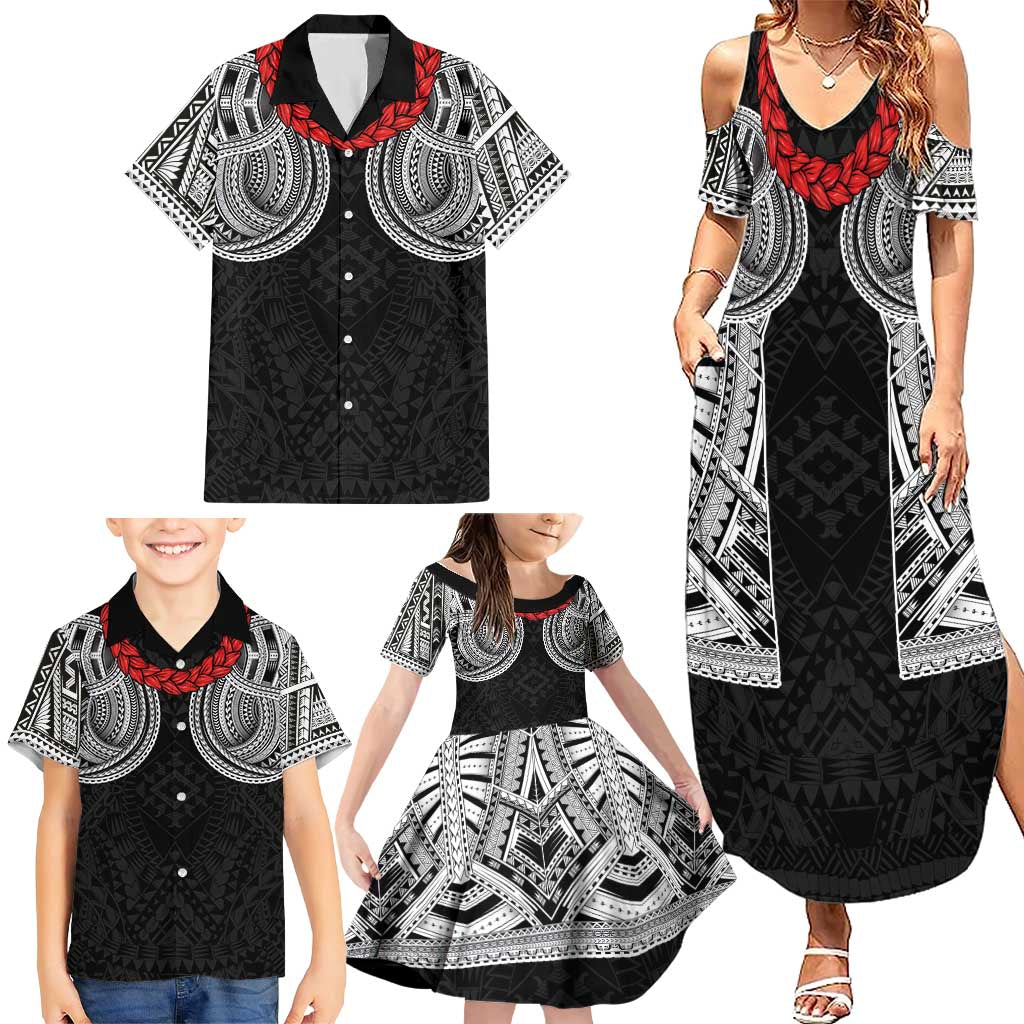 Samoan Traditional Art Tattoos Family Matching Summer Maxi Dress and Hawaiian Shirt Tatau Tribal Motifs with Ula Fala Black LT03 - Polynesian Pride