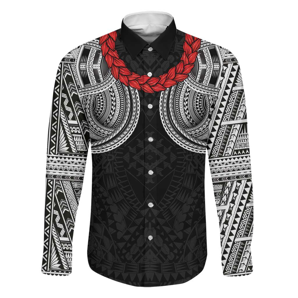 Samoan Traditional Art Tattoos Family Matching Summer Maxi Dress and Hawaiian Shirt Tatau Tribal Motifs with Ula Fala Black LT03 Dad's Shirt - Long Sleeve Black - Polynesian Pride
