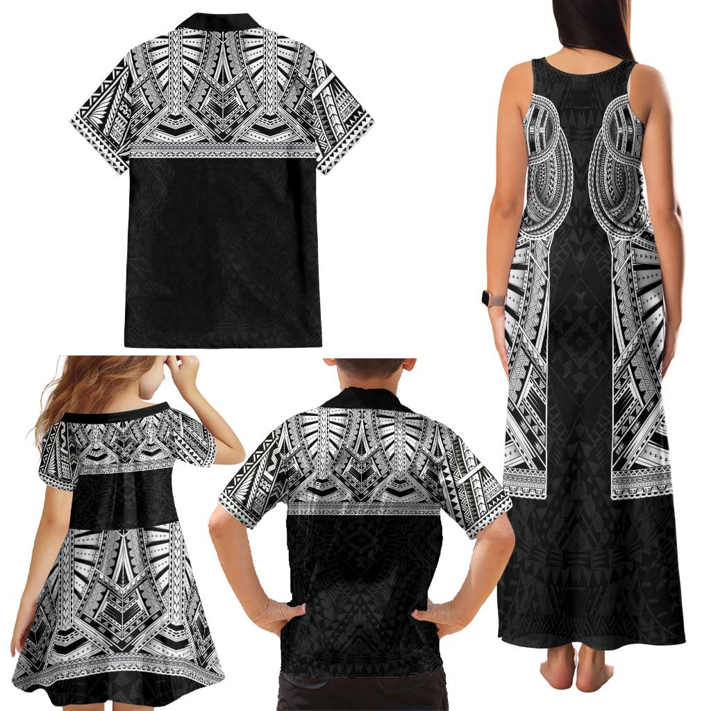 Samoan Traditional Art Tattoos Family Matching Tank Maxi Dress and Hawaiian Shirt Tatau Tribal Motifs with Ula Fala Black LT03 - Polynesian Pride