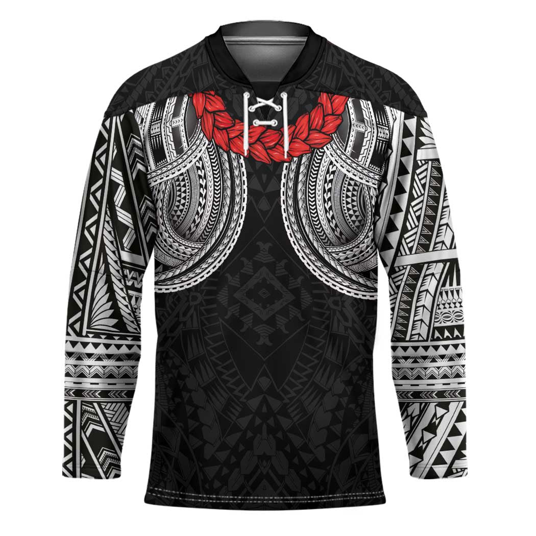 Samoan Traditional Art Tattoos Hockey Jersey Tatau Tribal Motifs with Ula Fala Black - Polynesian Pride