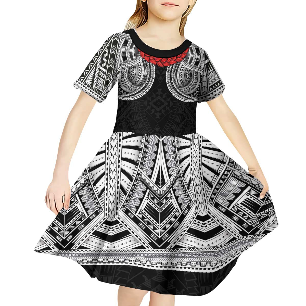 Samoan Traditional Art Tattoos Kid Short Sleeve Dress Tatau Tribal Motifs with Ula Fala Black LT03 - Polynesian Pride