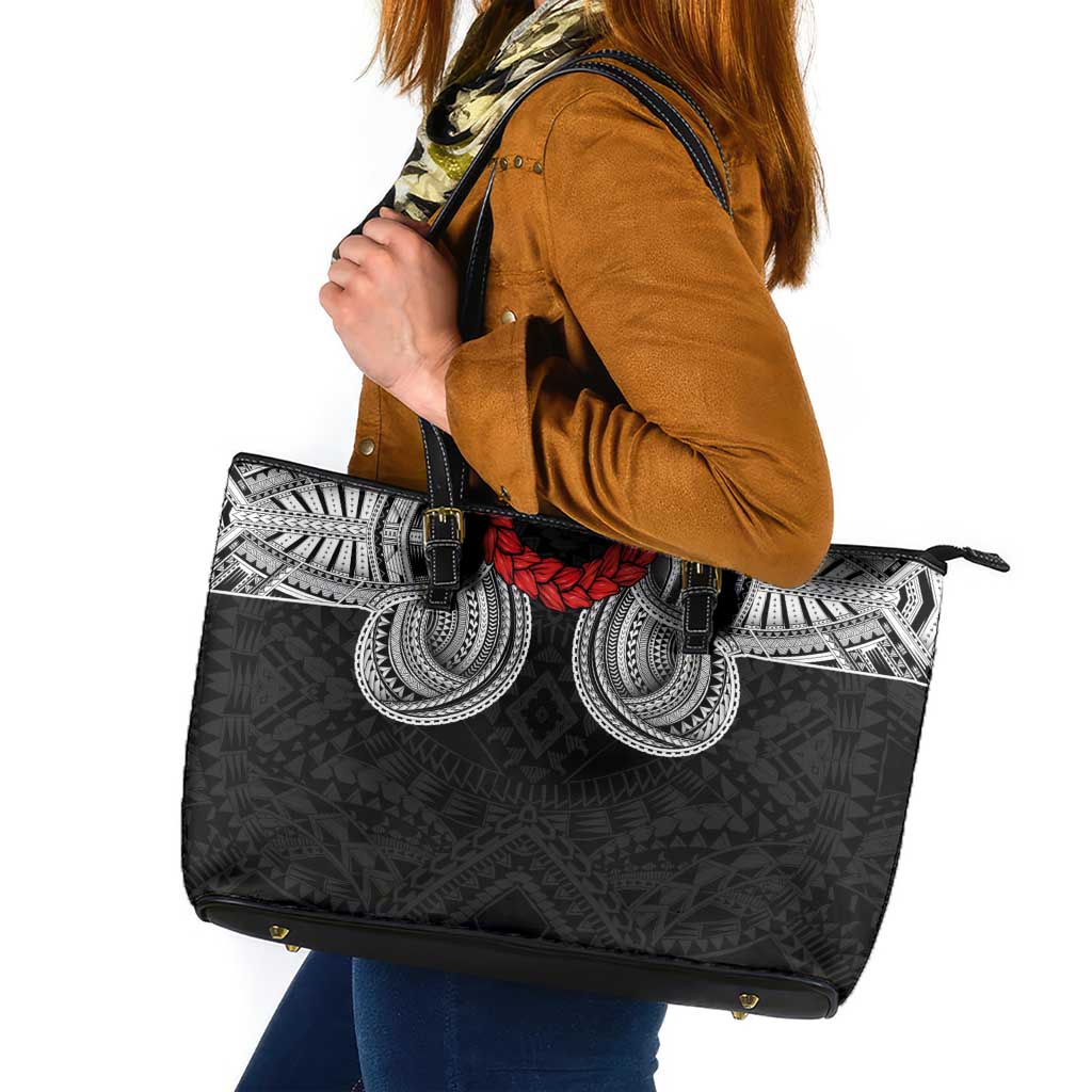 Samoan Traditional Art Tattoos Leather Tote Bag Tatau Tribal Motifs with Ula Fala Black LT03 Black - Polynesian Pride