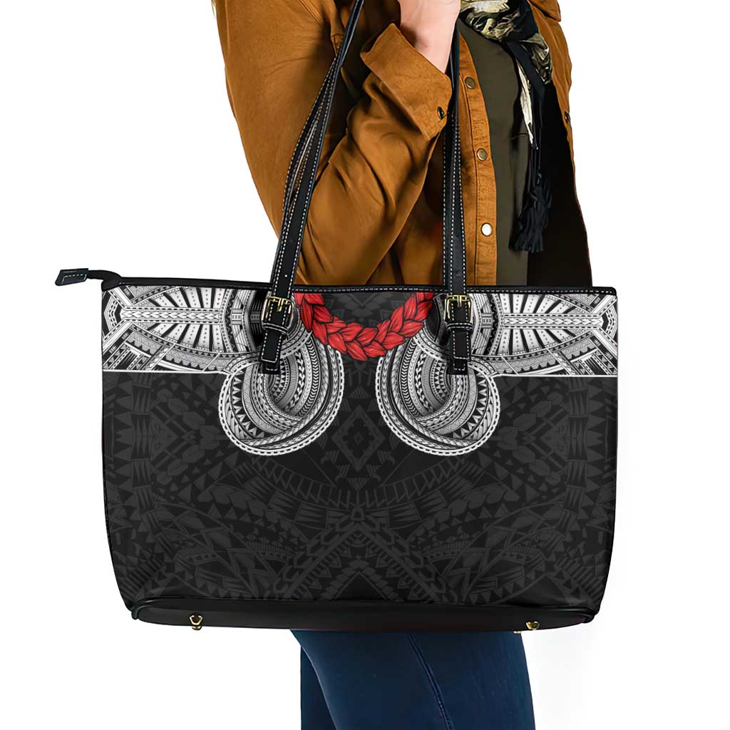 Samoan Traditional Art Tattoos Leather Tote Bag Tatau Tribal Motifs with Ula Fala Black LT03 - Polynesian Pride