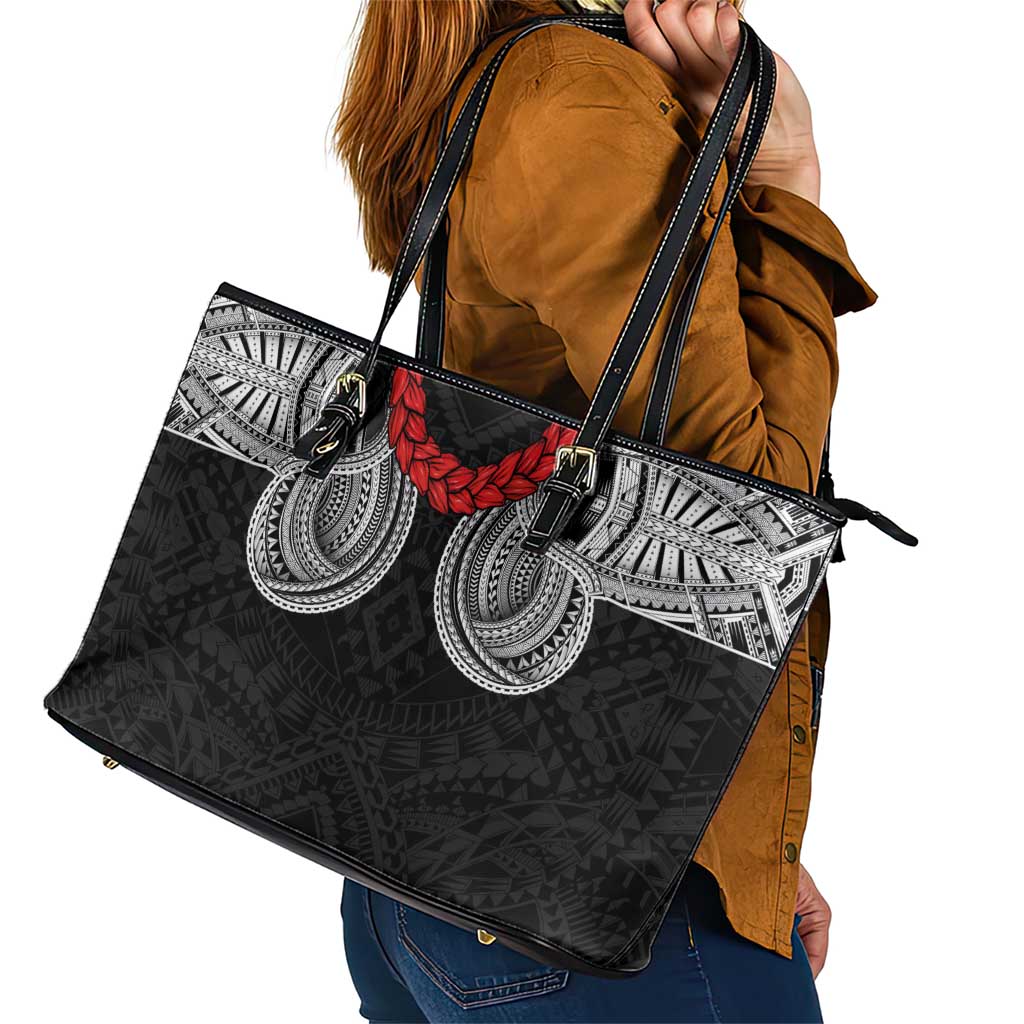 Samoan Traditional Art Tattoos Leather Tote Bag Tatau Tribal Motifs with Ula Fala Black LT03 - Polynesian Pride