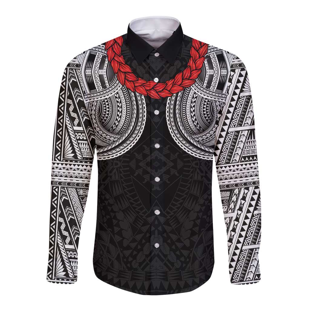 Samoan Traditional Art Tattoos Long Sleeve Button Shirt Tatau Tribal Motifs with Ula Fala Black LT03 Unisex Black - Polynesian Pride