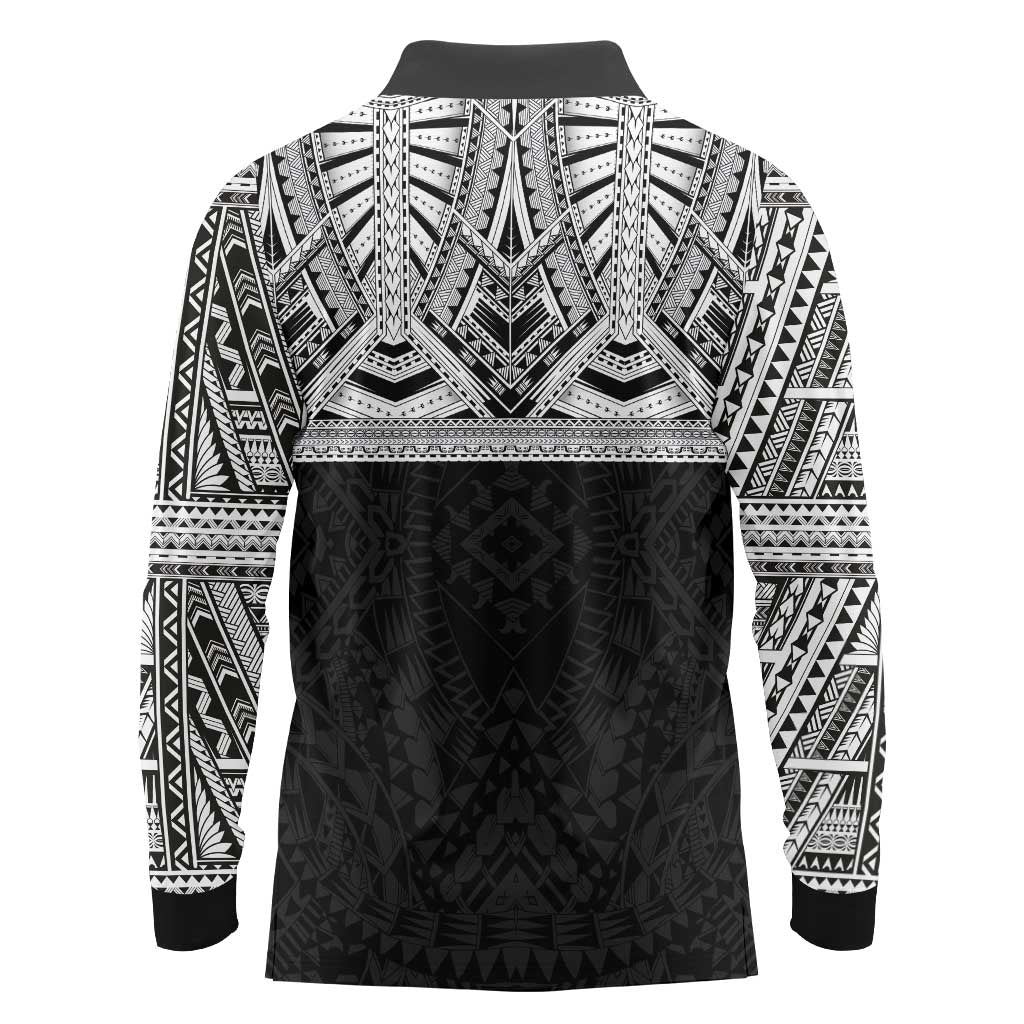 Samoan Traditional Art Tattoos Long Sleeve Polo Shirt Tatau Tribal Motifs with Ula Fala Black LT03 - Polynesian Pride