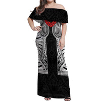Samoan Traditional Art Tattoos Off Shoulder Maxi Dress Tatau Tribal Motifs with Ula Fala Black LT03 Women Black - Polynesian Pride
