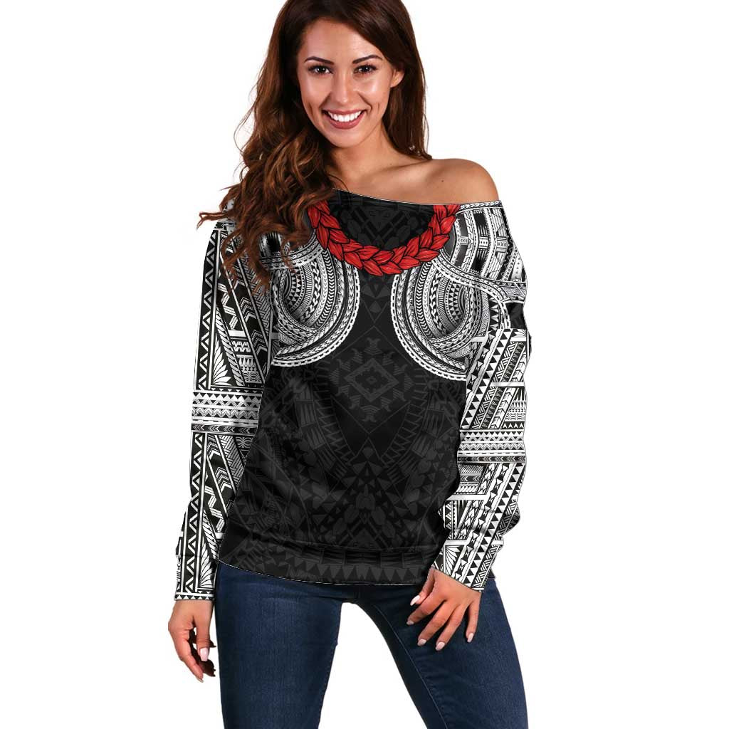 Samoan Traditional Art Tattoos Off Shoulder Sweater Tatau Tribal Motifs with Ula Fala Black LT03 Women Black - Polynesian Pride